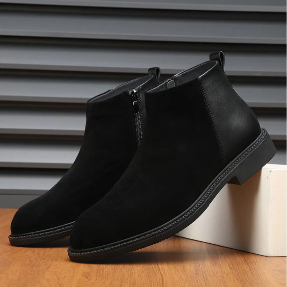 Chelsea Boots Man New High Top Leather Shoes Men's Short Boots Warm Velvet Splicing Casual Leather Shoes Men's High Top Shoes