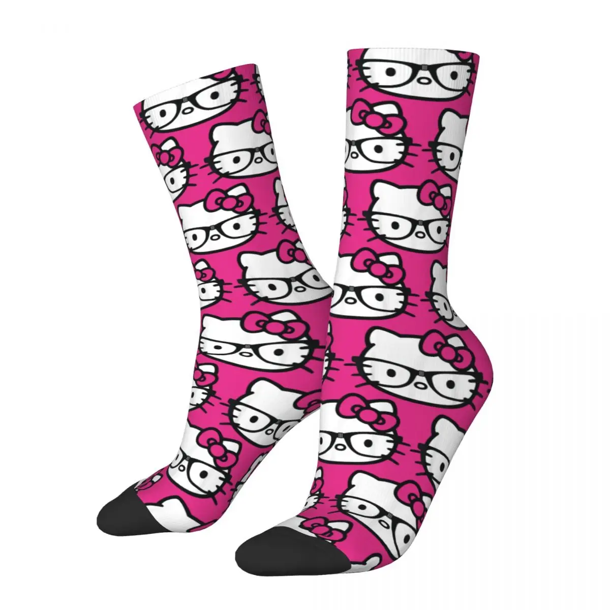 Autumn Winter Fashion Men's Women's Hello Kitty Black And White Nerd Glasses Socks Non-slip Skateboard Socks