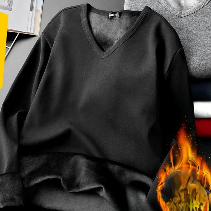 

Winter Men's Long-sleeved Thermal Underwear Plus Velvet Padded T-shirt V-neck Slim Plush Top Mens Underwear inner wear for men