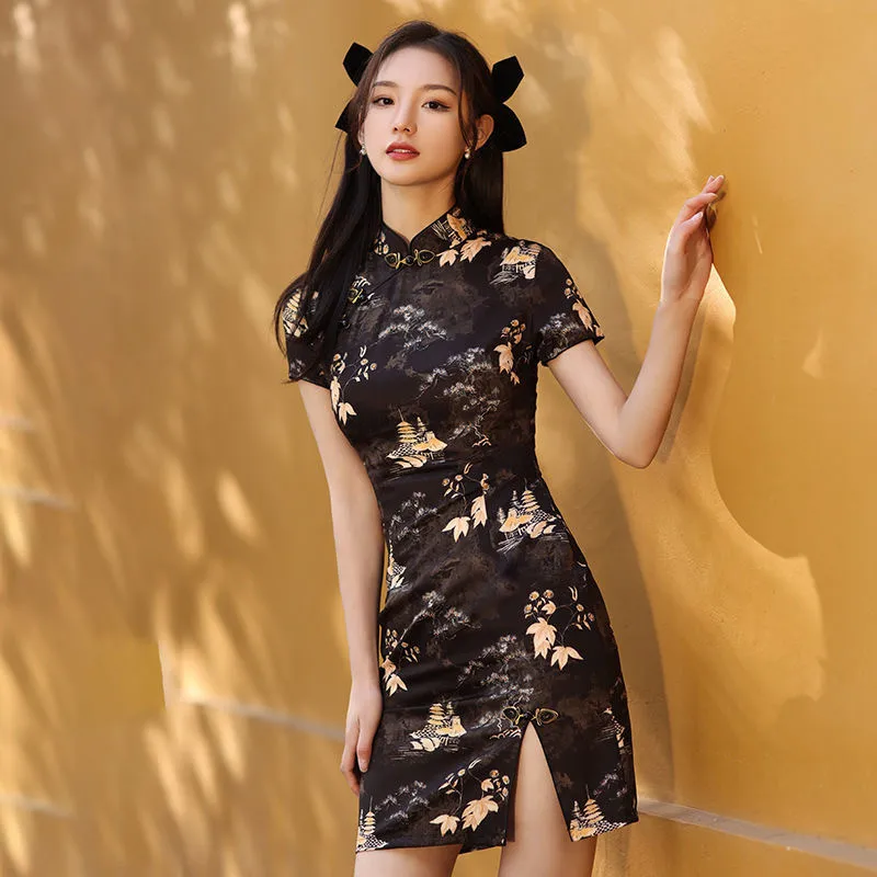 

Women Vintage Elegant Hanfu Cheongsam Sexy Slim Short Sleeve Summer Party Daily Mini Dress Retro Chinese Style Robe