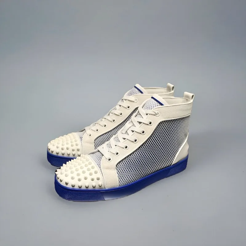 

Women Luxury High Top Red Bottom Shoes For Men Trainers Spiked White Net Genuine Leather Rivets Toecap Blue Sole Flats Sneaker