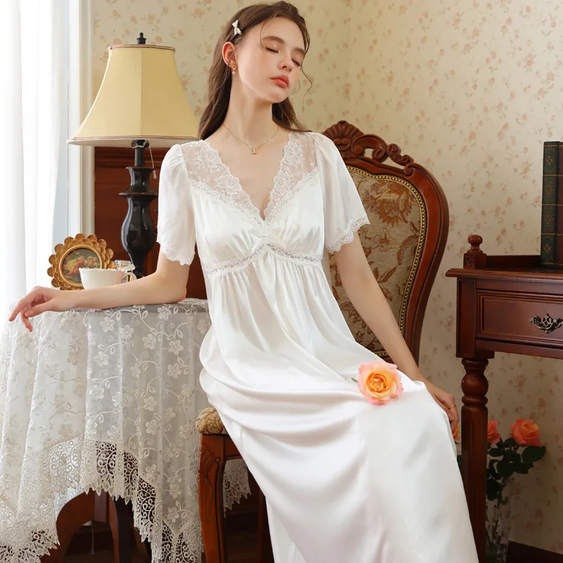 French Fairy Loose Romantic Lace V-Neck Nightgown Women Retro Palace Vintage Long Nightdress Sleeping Dress