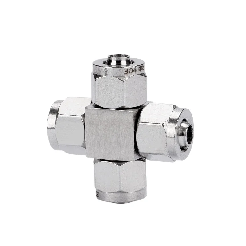 304 stainless steel quick screw four-way cross quick pneumatic connector lock mother type PU soft trachea
