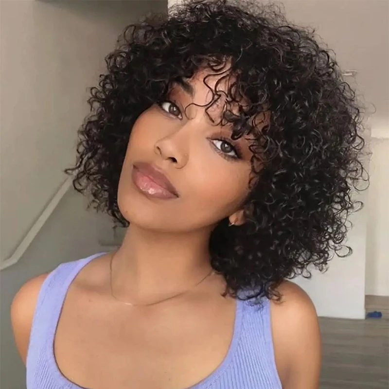 Abujia Glueless Human Hair Wig Kinky Curly For Women Wigs Machine Made Remy Bob Human Hair Wigs With Bang Brazilian