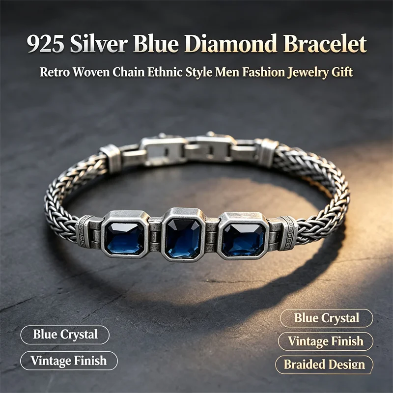 OUYADI Niche Design S925 Silver Braided Bracelet Vintage Blue Gem Ethnic Style Men Festival Jewelry Gift