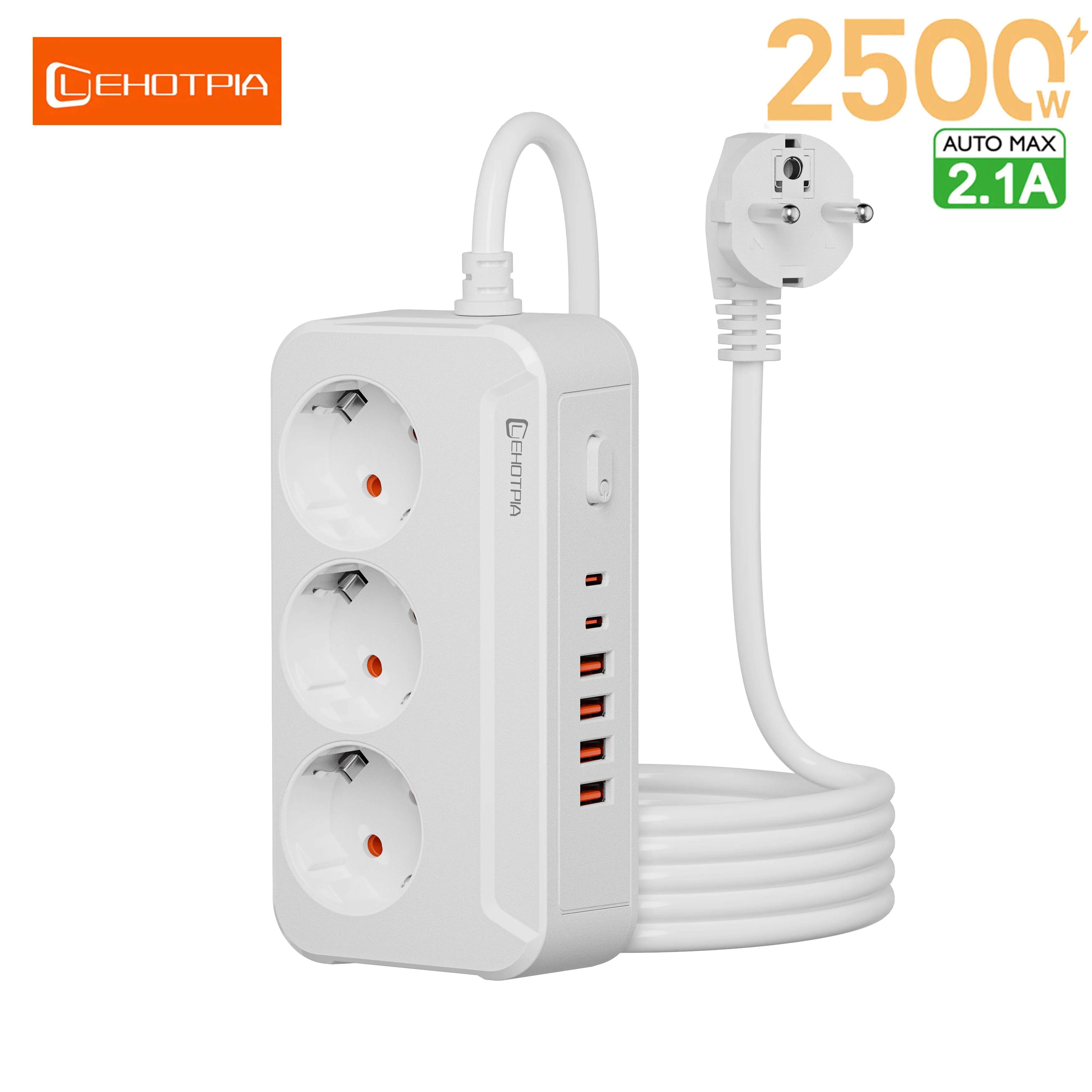 2500W prise ue prises ca multiprise multiprise multiprise 1.8M câble d'extension prise électrique avec adaptateur de filtre réseau USB Type C