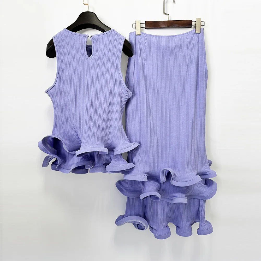 HIGH QUALITY Newest 2026 Designer Runway Fashion Women's Holes Lotus Leaf Swing Wooden Ear Knit Top Overskirt Suit 2 Piece Set