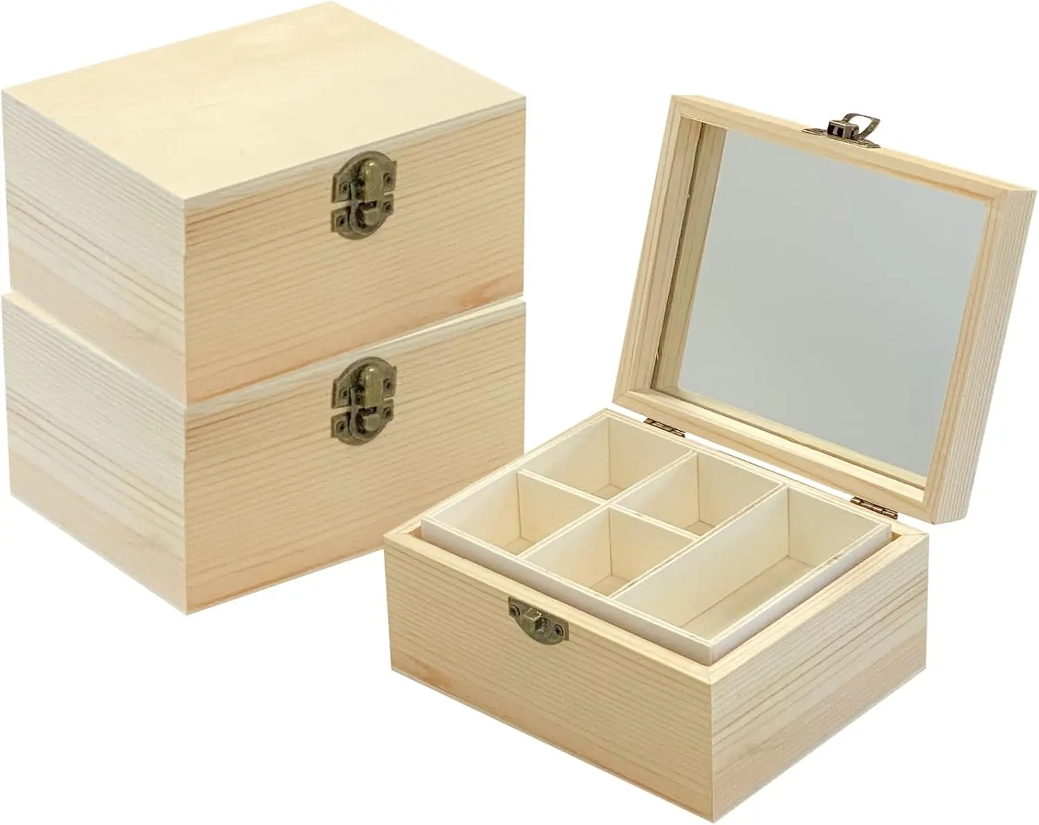 

3 Pack Unfinished Surface Wood Jewelry Box (6x4.7x3 in) Small Wooden Chest Case with Glass Mirror