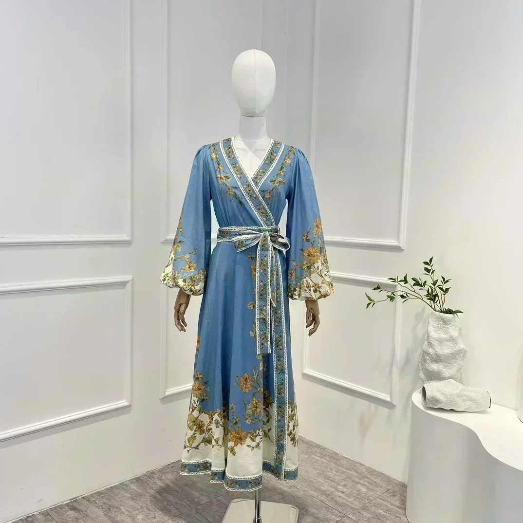 Robe mi-longue en coton à imprimé floral pour femme, manches rondes lanterne, bleu, vintage, haute qualité, printemps, été, nouveau, 2023