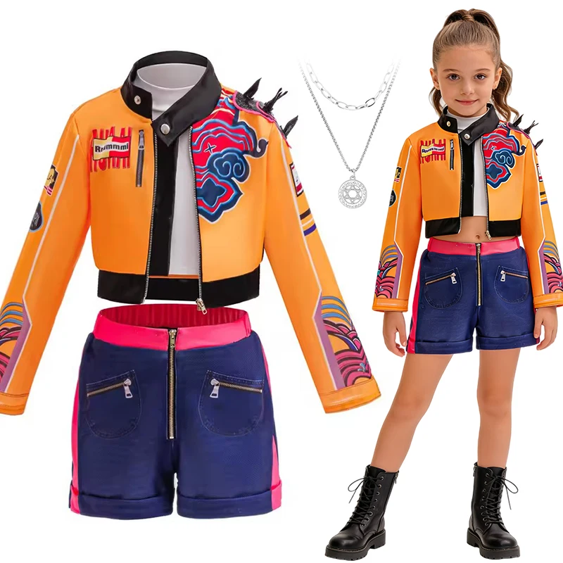 Mädchen Kpop Hunter Sänger Cosplay Kostüm Geburtstag Party Bühnenkostüm 4-teiliges Halloween-Kostüm für Kinder