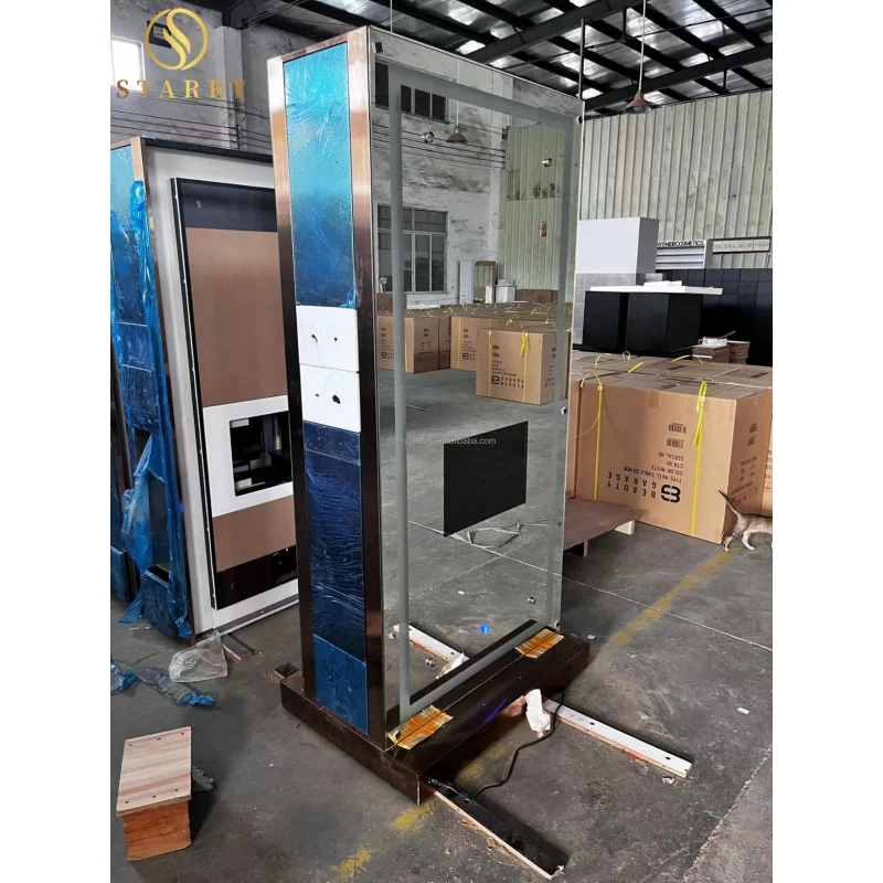 مخصص. محطات الحلاقة الذهبية المصنوعة من الفولاذ المقاوم للصدأ مزدوجة من جانب واحد LED محطة تصفيف مرآة صالون الشعر مع تلفزيون #5