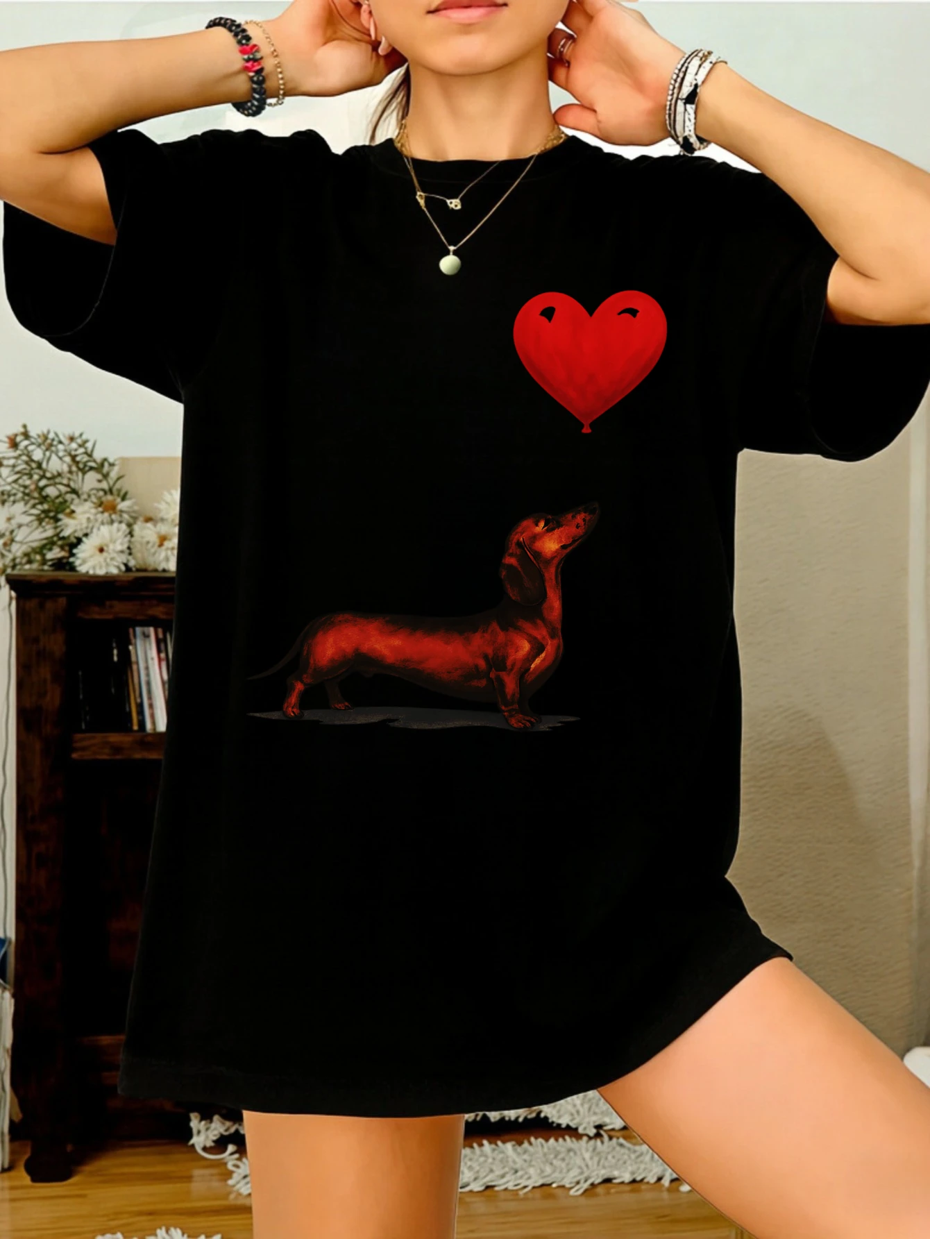 

Women's T Shirts Dachshund & Heart Cute Graphic Printed Cotton Short Sleeve Summer Casual Tshirt Gift for Her