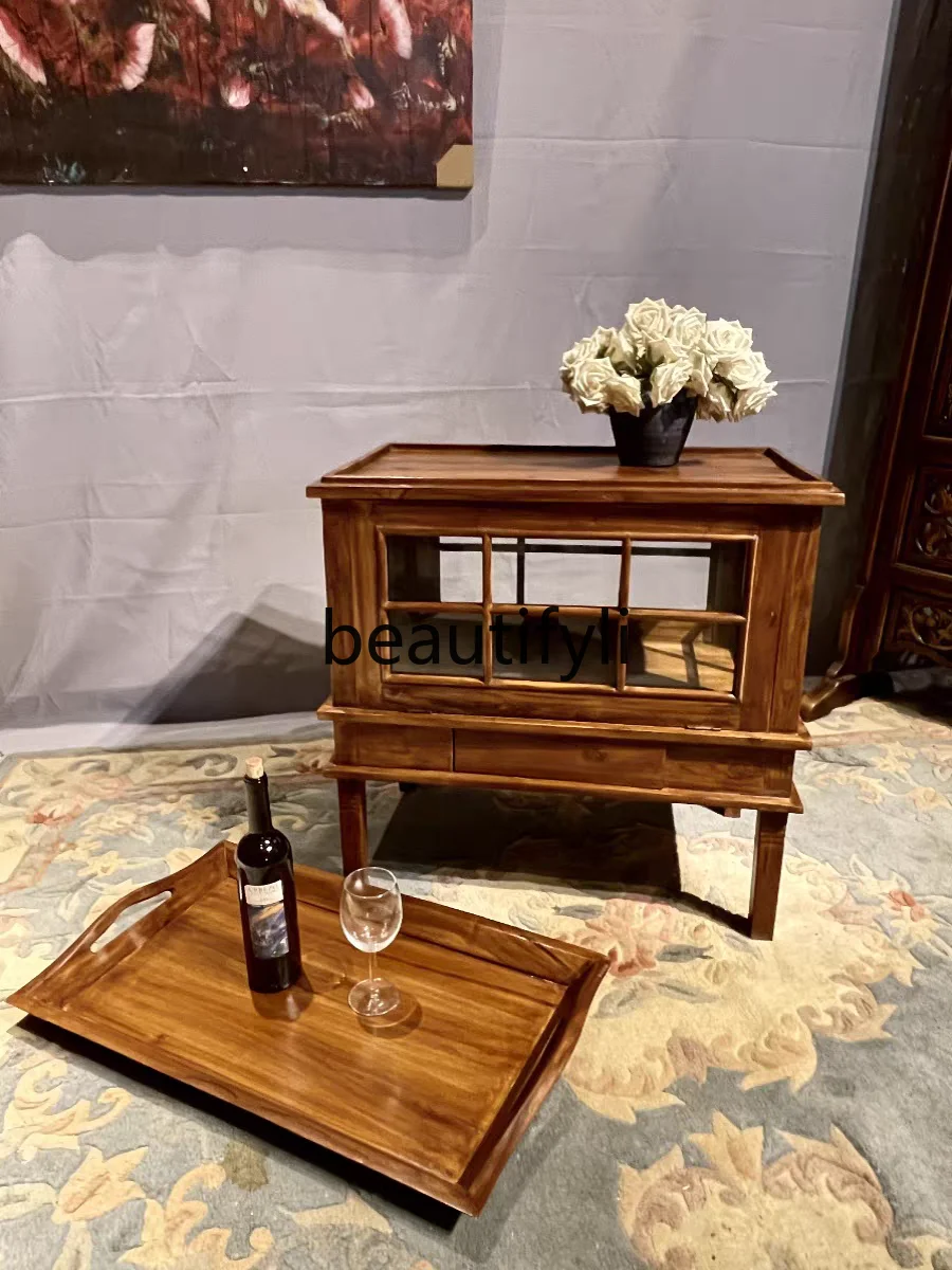 

Ancient rectangular tea cabinet, matching tray, teak handmade