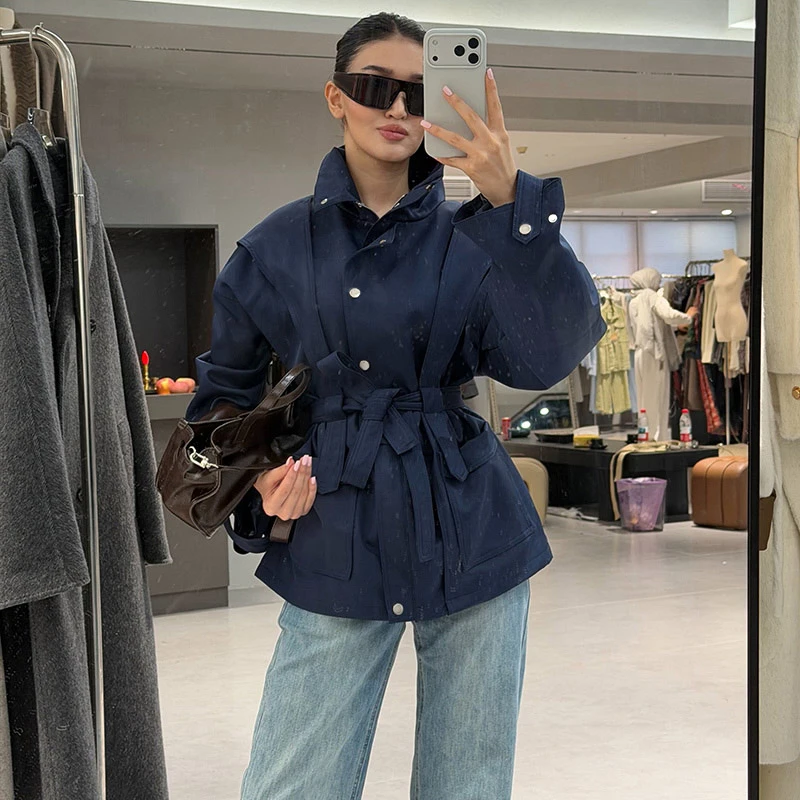 Damen-Windbreaker mit Revers und Schnürung, einreihiger Trenchcoat für Frühling und Herbst, langärmelige, schmale Jacke, neue Oberbekleidung – Detail 8
