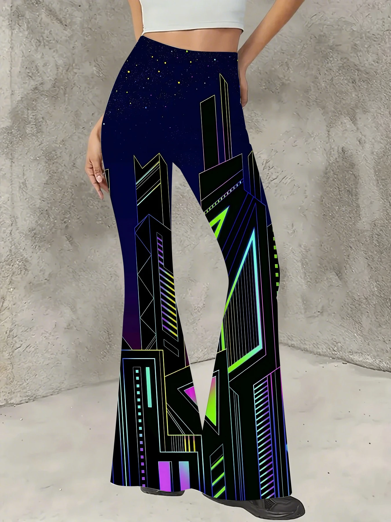 

Korean Style Printed Flare Pants Women High Waist Slim Fit Bell Bottom Leggings