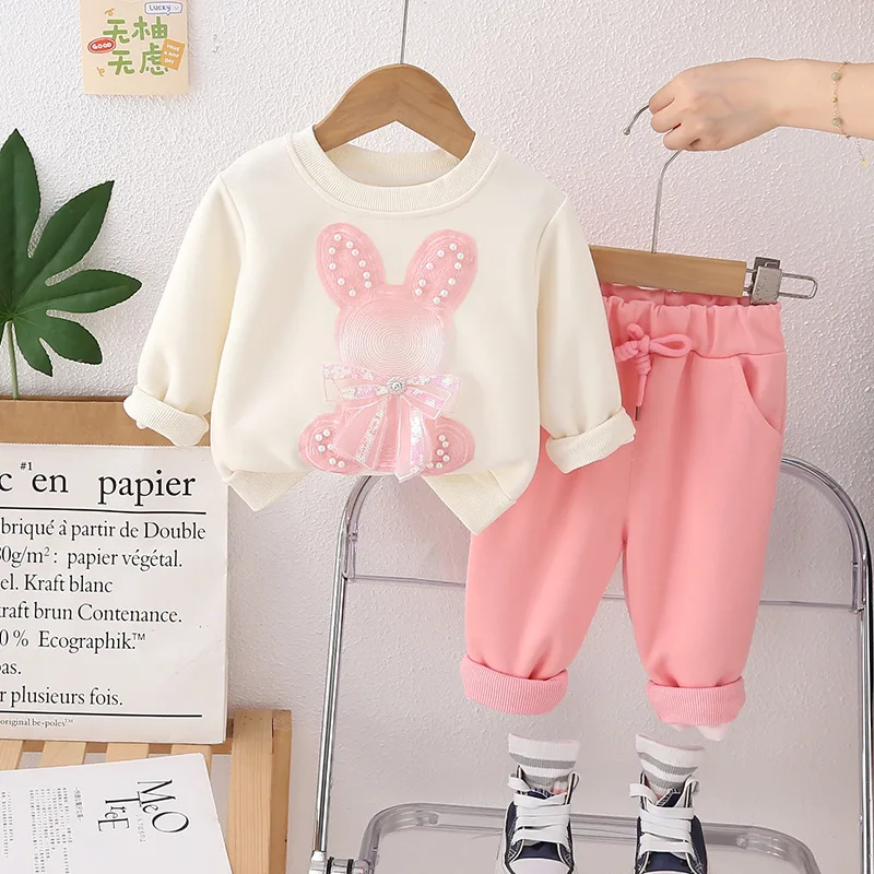 2024Spring and Autumn New Girls\' Cartoon Rabbit round Neck Long Sleeve Korean Style Fashionable Sweater Sports Two-Piece Set