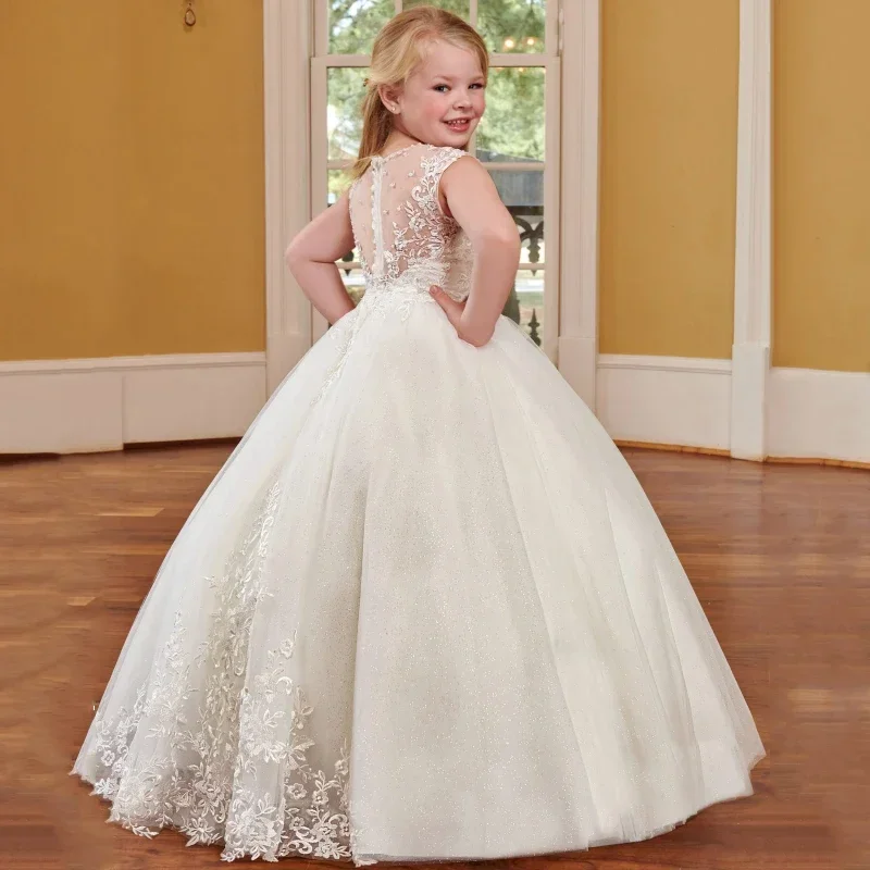 

Flory Appliques Sleeveless For Wedding Birthday Party Banquet Princess Holy Communion Gown Flower Girl Dresses Ivory Tulle