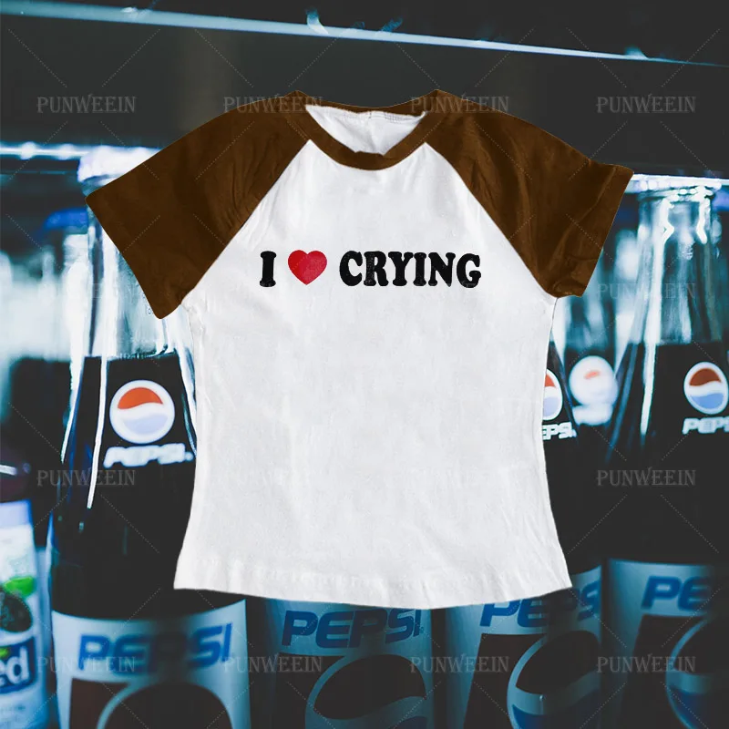 I Love Crying Letter Crop Tops Womens Short Sleeve Splicing T Shirt Harajuku Fashion ​Slim Streetwear Punk Vintage Y2K Style Top