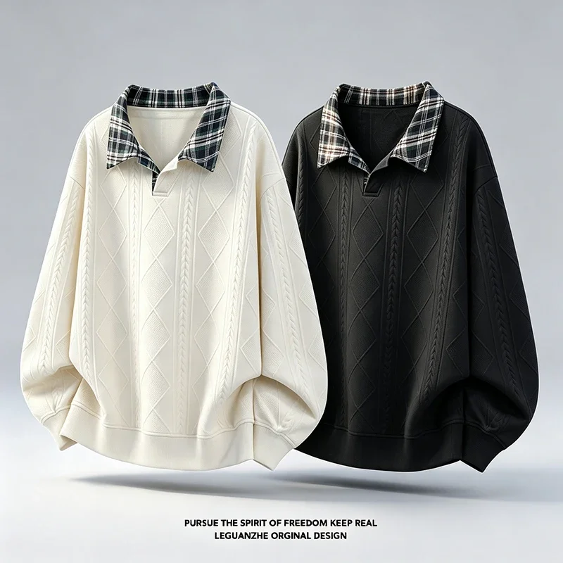Mens Contrast Plaid Collar Long Sleeve Sweatshirt Autumn Diamond Jacquard Knit Loose Fit Casual Tops Half Zip Daily Wear