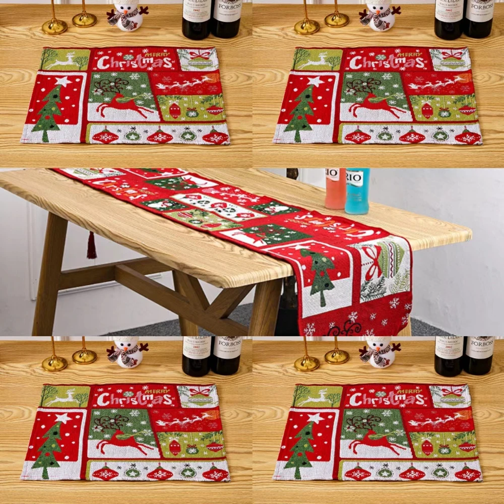 

4pcs Red Christmas Placemats Set with 1 Table Runner Santa Claus Snowmen Tree Reindeer Christmas Home Hotel Table Decoration