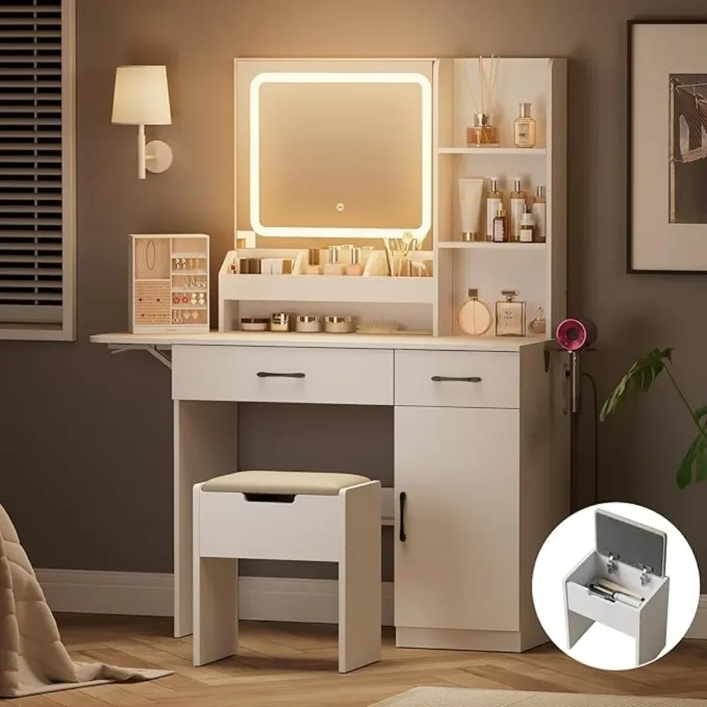 

y Vanity Desk with Mirror and Light, Makeup Vanity with Charging Station & Storage Stool, Vanity Table with 3 Drawers