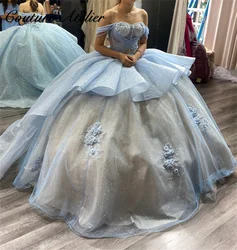 Sky Blue Off The Shoulder Beaded Appliques Quinceanera Dresses Lace Ball Gown Dress For Sweet 15 16 Sweetheart vestidos