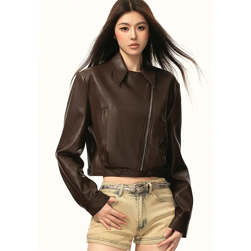Damen Braune PU-Lederjacke, Kurze Offene Lederjacke, Elegante Hochwertige Vielseitige Trendige Vintage-Oberbekleidung – Detail 16