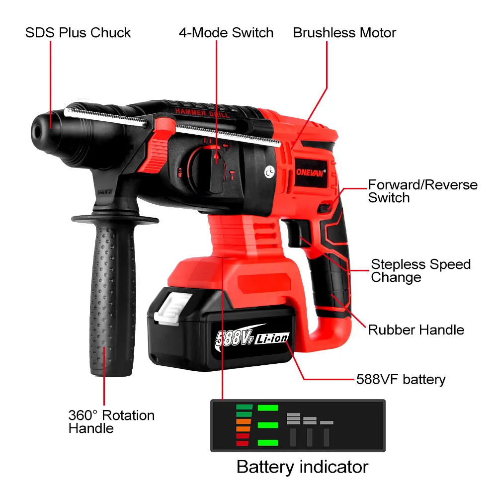 ONEVAN 2000W Brushless Electric Hammer Drill 4 Function 3200rpm Cordless Rechargeable Hammer Impact Drill For 18V Makita Battery