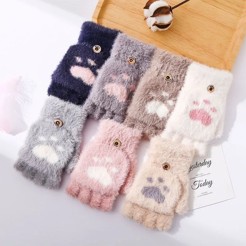 Thicken Women Warm Cat Gloves Fashion Girls Cat Claw Paw Plush Mittens Soft Plush Short Fingerless Half Finger Winter Gloves