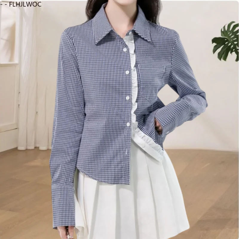 

Топы с оборками, блузки, новинка 2025, осенние женские рубашки в клетку с длинными рукавами, милые лоскутные белые рубашки с рюшами в консервативном стиле на пуговицах