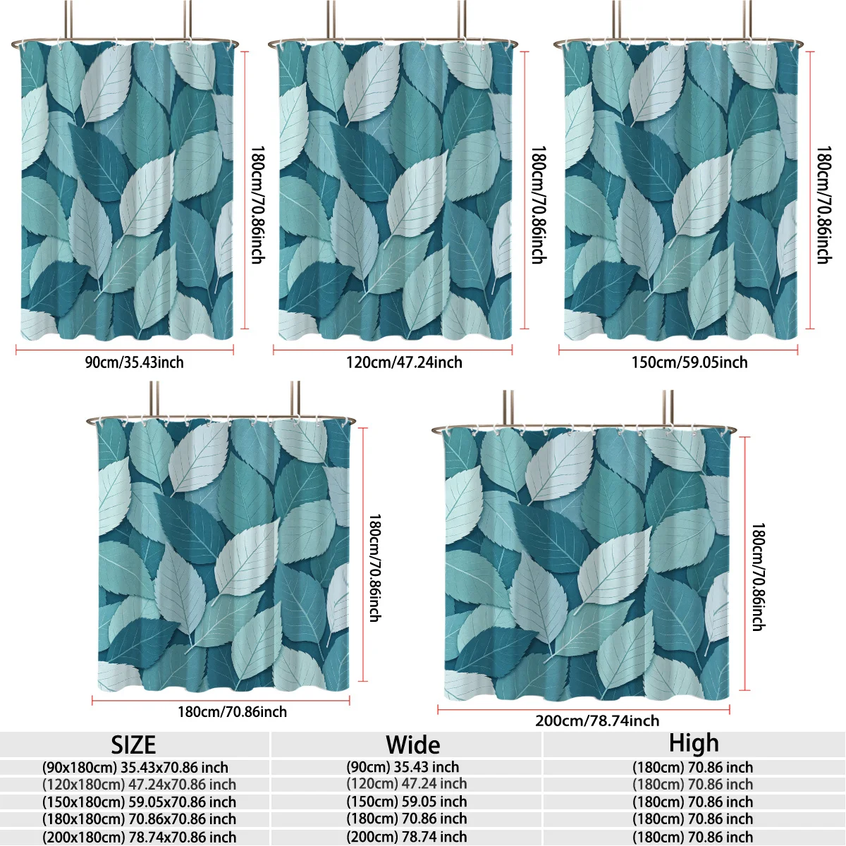 Layered Multi‑Tone Teal Green Leaf Botanical Repeating Pattern Bath curtain, Cozy Soft Warm  for Bedroom