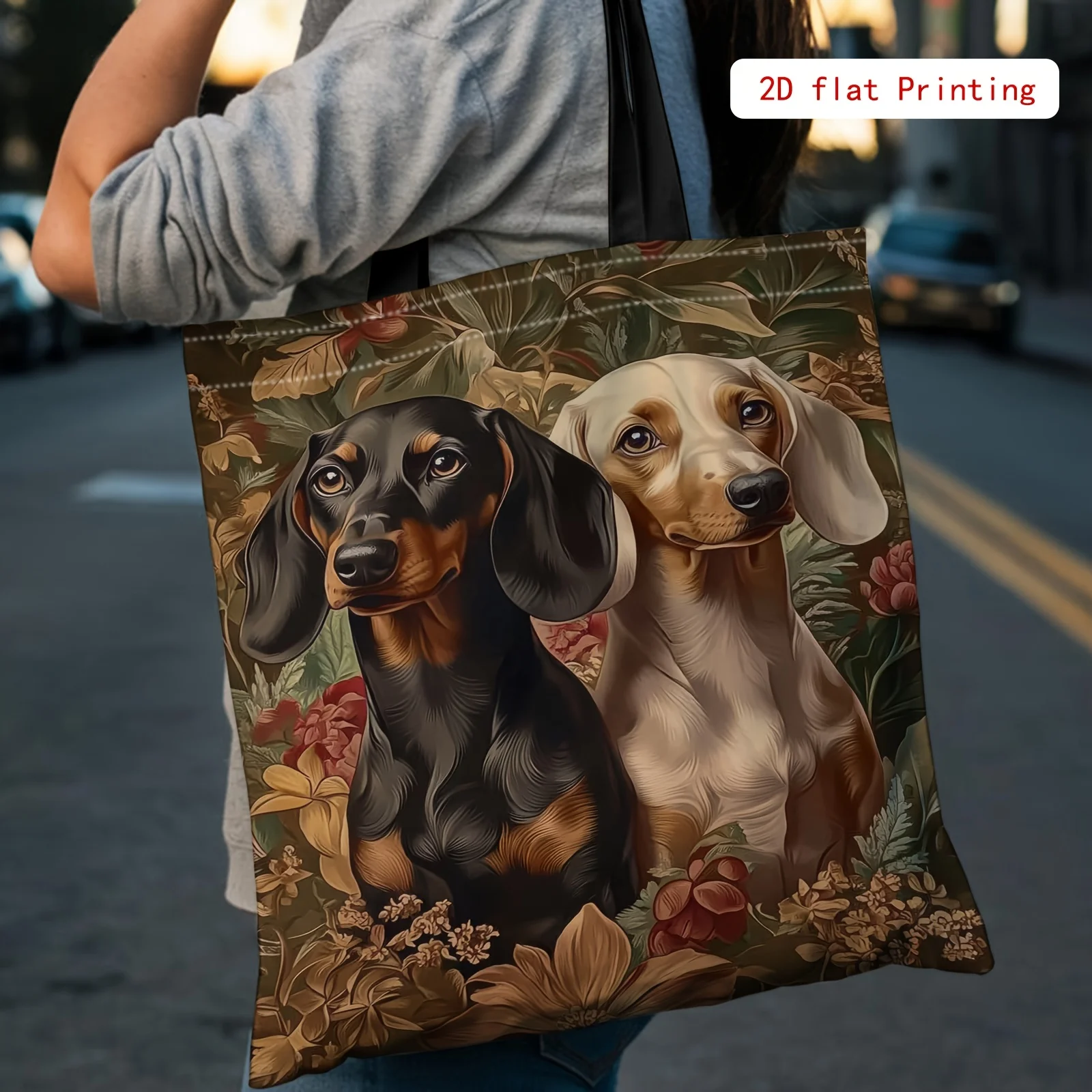 1pc Dachshunds, Floral Background Double-sided 2d Printed Bag, Elegant and Versatile Handbag, Fashion Accessory
