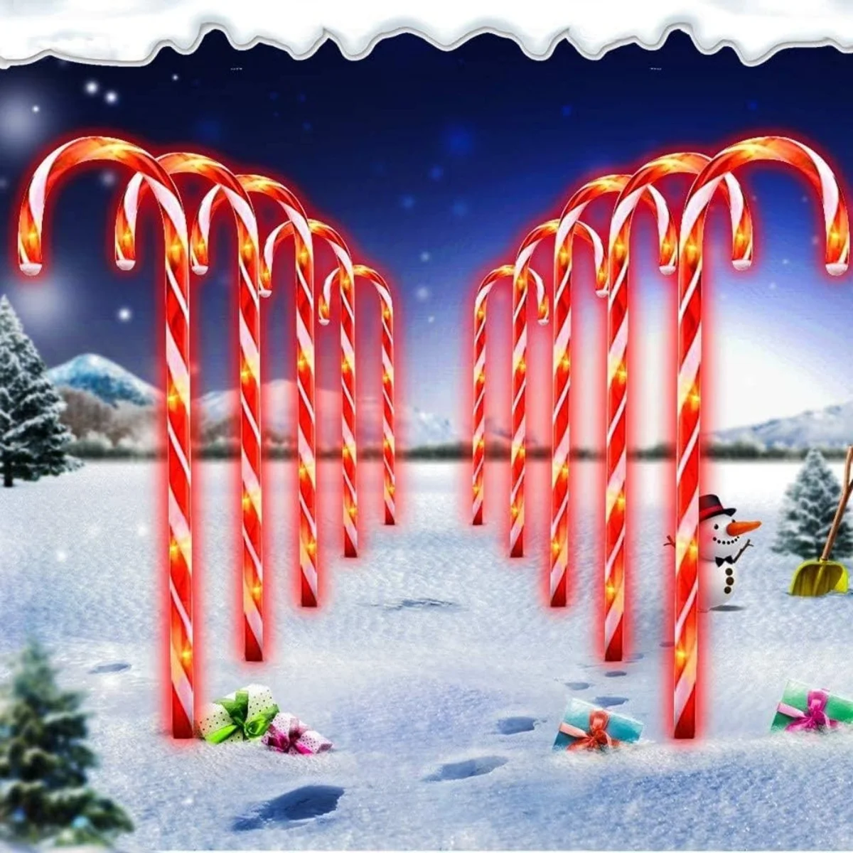 5Pcs/set Christmas Candy Cane Stake Lights Pathway Markers 8 Modes Solar Lamps For Home Outdoor Garden Lawn Yard Xmas Decoration