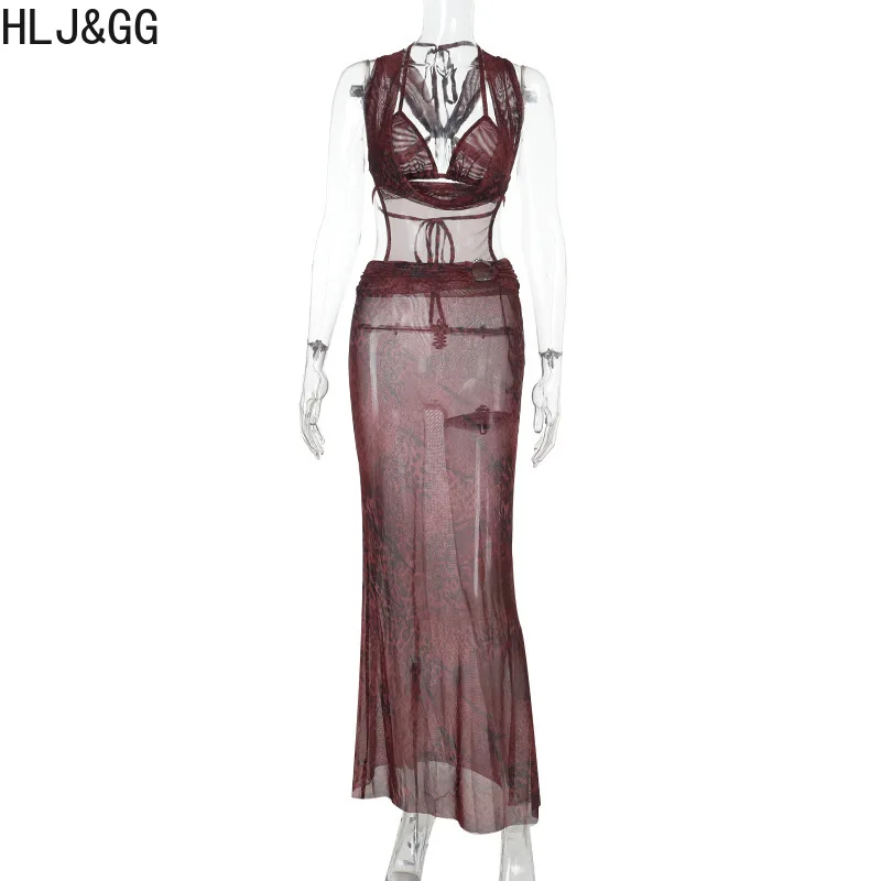 فساتين طويلة مثيرة بشبكة على شكل حرف V من HLJ&GG شفافة على الرغم من فساتين طويلة للنساء مطبوعة بصبغة التعادل بدون أكمام وظهر نحيف ملابس خروج عصرية