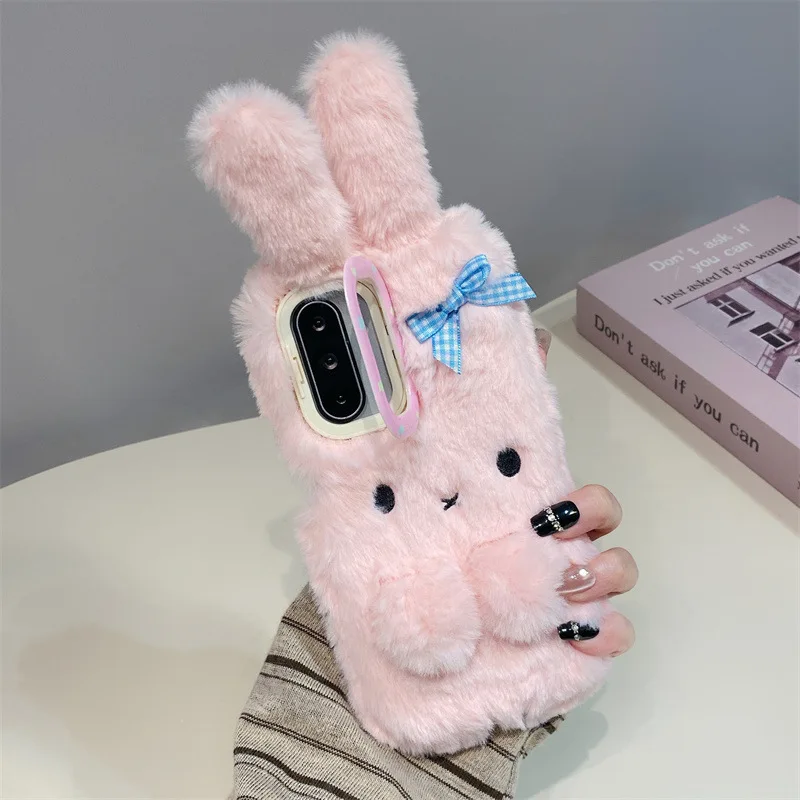 Koren 3D Cartoon Bowknot Rabbit Ears Warm Furry Plush Phone Case For Samsung Galaxy S23 24 25 26 Ultra Plus A57 Shockproof Cover view 6