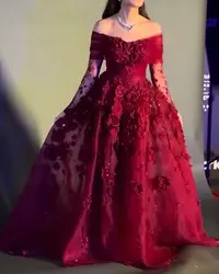 Red Off Shoulder Lace Appliques 3D Flowers Prom Dresses Long for Women 2025 Long Sleeve Beading Tulle Evening Gowns Customized