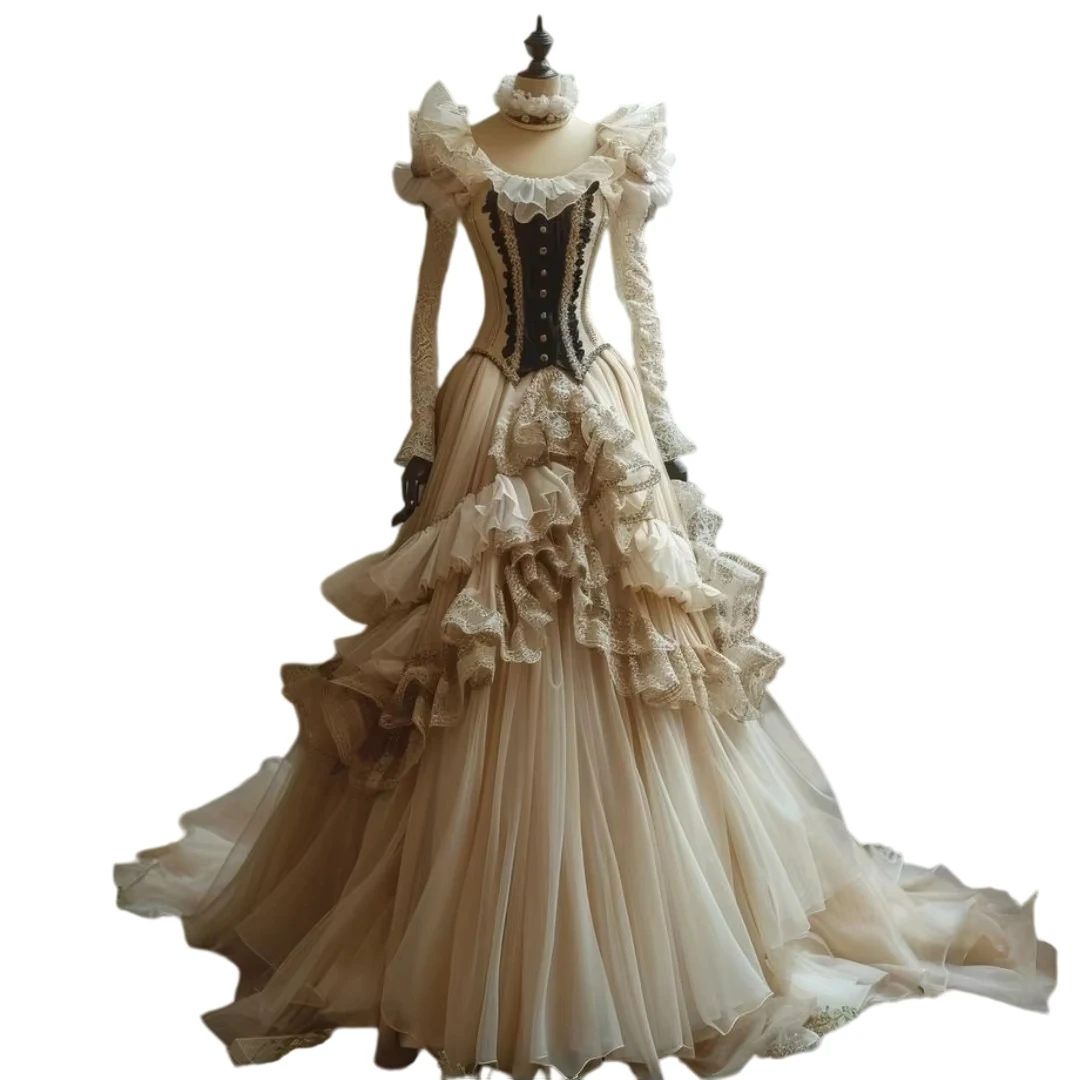Vintage Rococo Corset Wedding Dress Champagne Long Lace Sleeve Ruffled Tulle Tiered Victorian Photoshoot Bridal Gown Customized