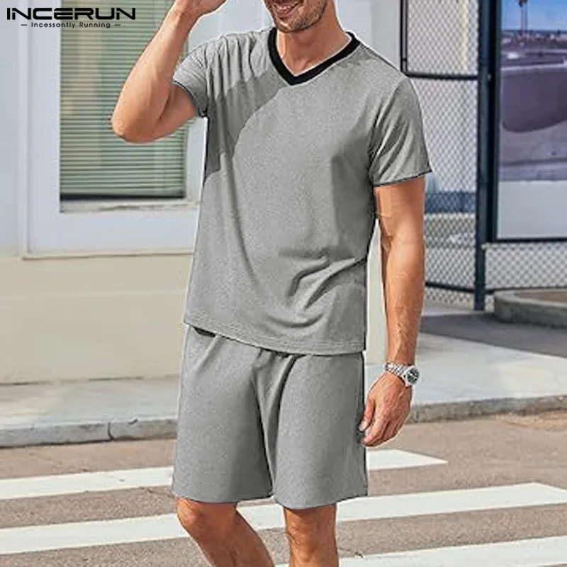 INCERUN 2024 Ensembles de style américain Mode Hommes Économie à manches courtes Shorts Casual At Col en V Streetwear Ensembles deux pièces S-5XL