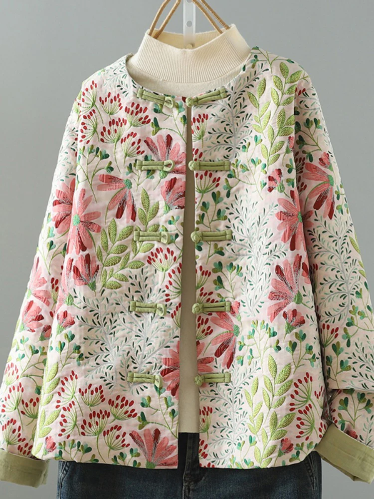 

New Chinese Sle Floral Embroidery Cotton Jaet Women's Winter Vintage Button up Coat Warm Cotton Padded Outerwear