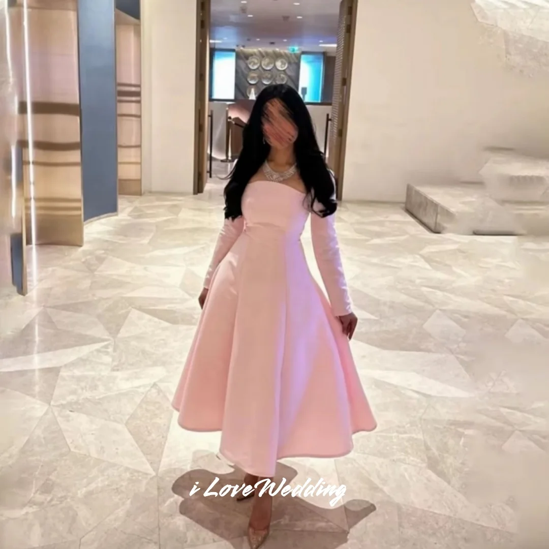 Pink Long Sleeve Cocktail Dresses 2025 Satin Square Collar A-Line Tea-Length Pleated Saudi Arabic Wedding Party Dress Customized