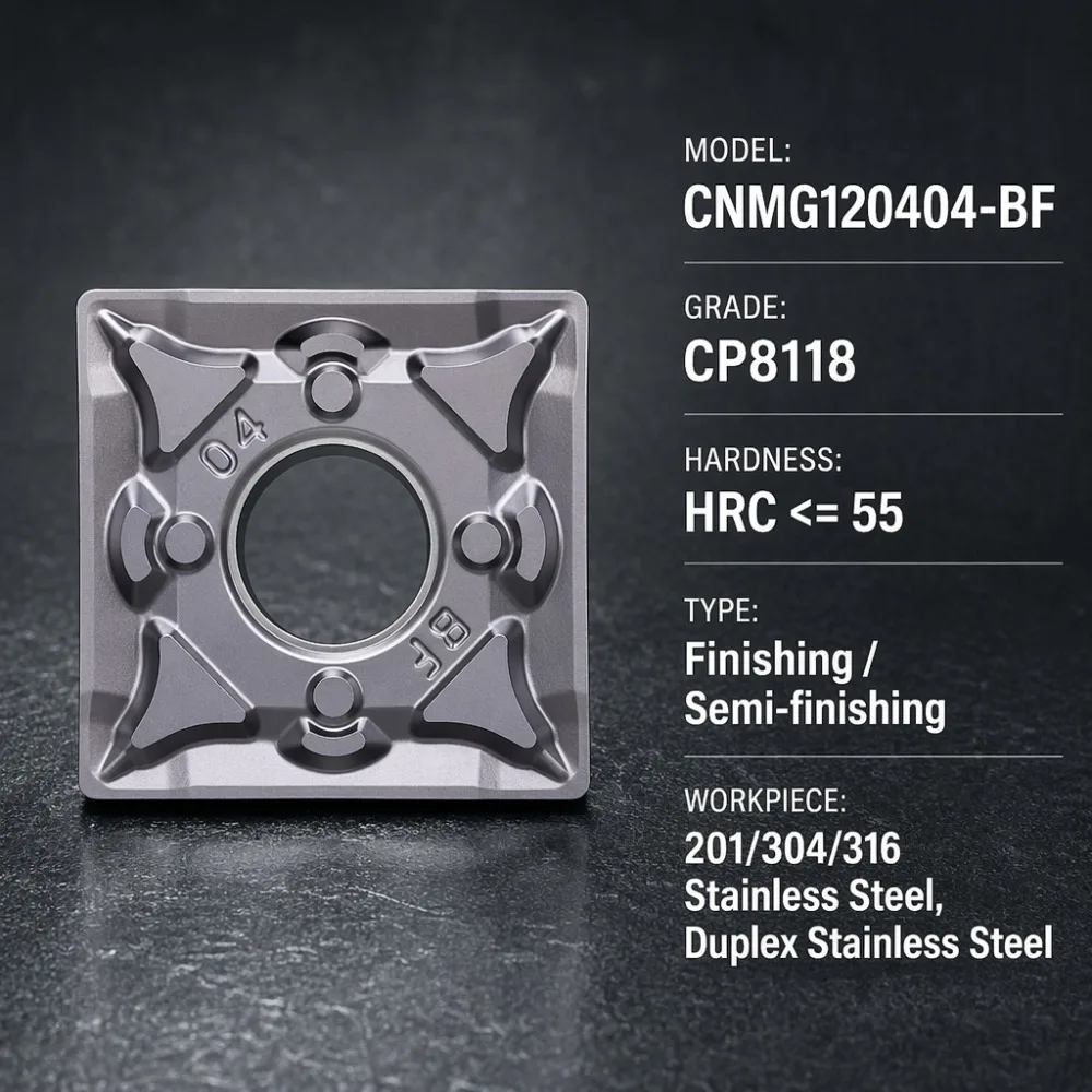 CNMG120404‑BF Turning Insert, Anti‑chipping & Anti‑adhesion, for Duplex and High‑hardness Stainless‑Steel, Finishing Machining