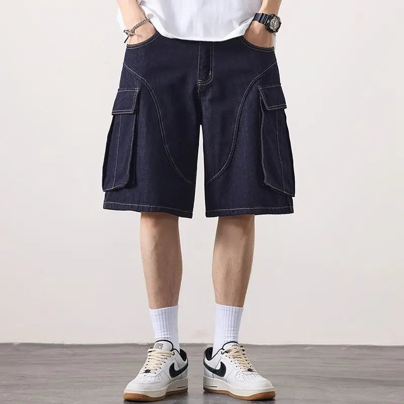 KSTUN 2025 힙합 데님 반바지 남성 와이드 레그 여름 반바지 루즈핏 디스트레스드 스트릿웨어 큰 포켓 리오셀 남성 의류