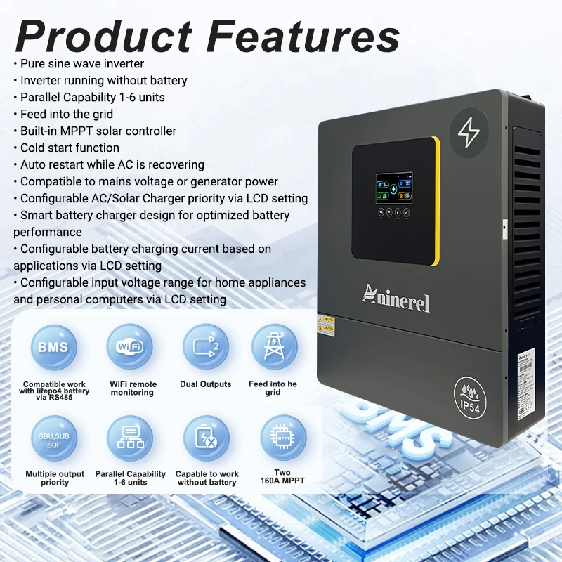 11KW 220V Parallel Hybrid Solar Inverter 48V 160A MPPT Pure Sine Wave Solar Controller Dual Input PV 500VDC with WiFi