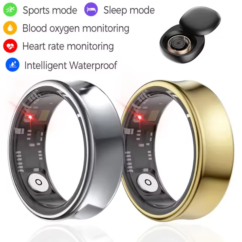 Smart Ring Heart Rate Blood Oxygen Sleep Pressure Exercise Monitoring Sport Modes Tracker 5ATM Waterproof with Charging Case