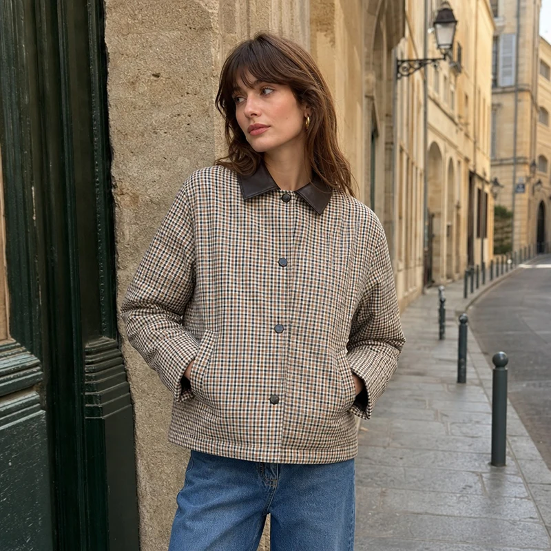 Women Plaid Padded Quilted Jacket faux leather Button Front Loose Fit Warm Coat Winter Vintage Street Office Ladies Outerwear