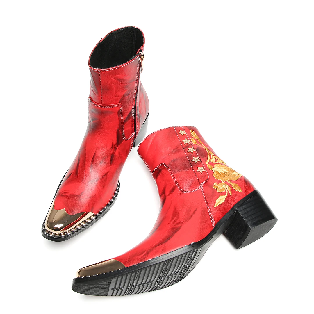 Herbst-Winter-Neue rote bestickte Stiefeletten für Herren, coole Metallkappe mit Nieten, Retro-Muster, seitlicher Reißverschluss, klobiger Absatz, modisch – Detail 5