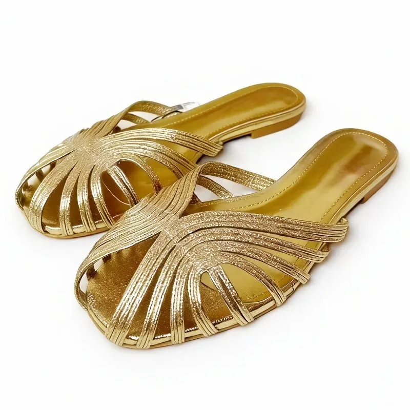 

Gold Weave Flats Sandals Woman Hollow Peep Toe Casual Beach Shoes Comforts Narrow Band Summer 2026 Designer Women Slippers
