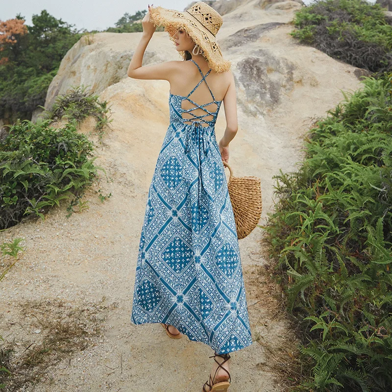 Women's Summer Lace Up Backless Strapless Midi Dress Vintage Floral Maxi Dresses for Vacation
