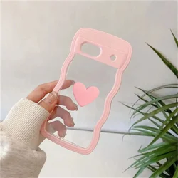 2IN1 Cute 3D Love Heart Curly Wavy Bumper Transparent Phone Case For Google Pixel 8A 7A Candy Color Shockproof Hard Back Cover