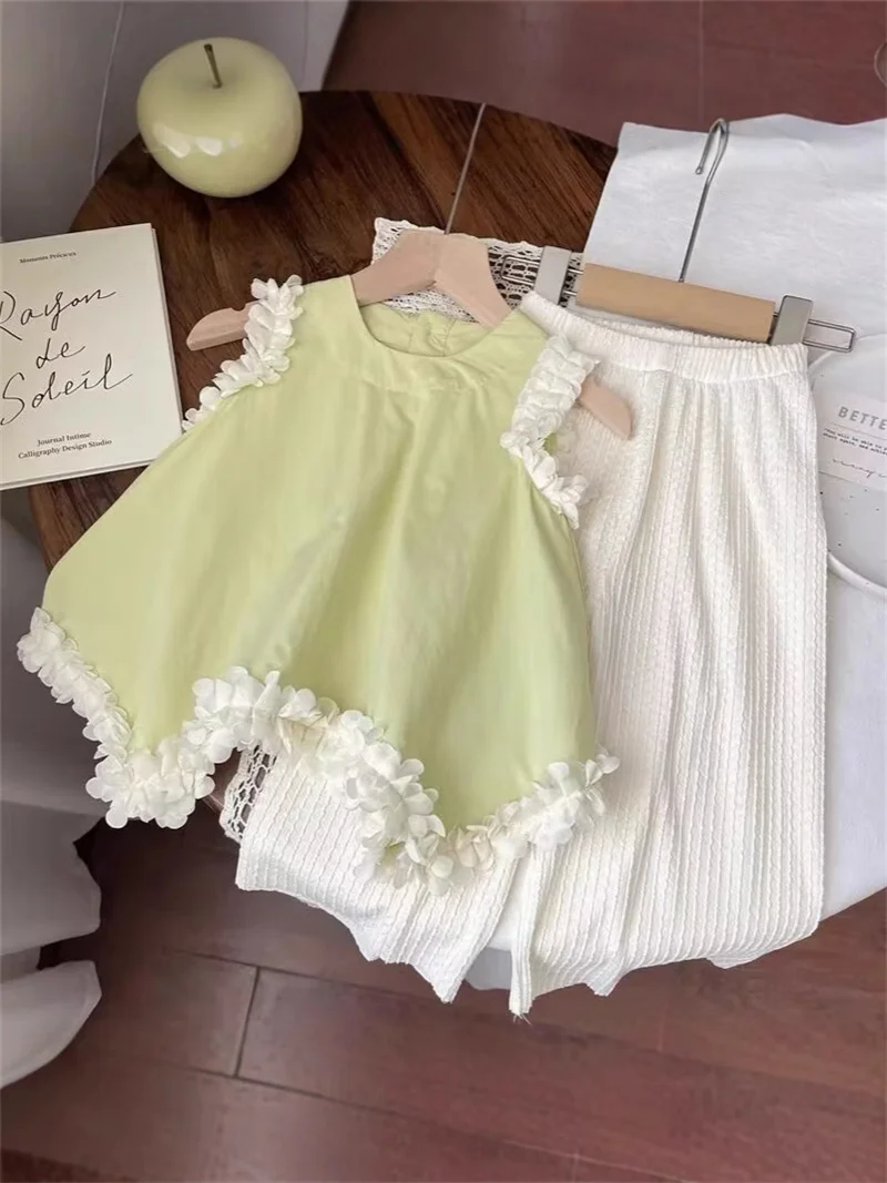 Girls Clothing Suits Kids Summer Trend Top+Thin Pants 2Pc Children Petal Hem Sleeveless Tank Outfit Baby Loose Trousers Set 2-8Y